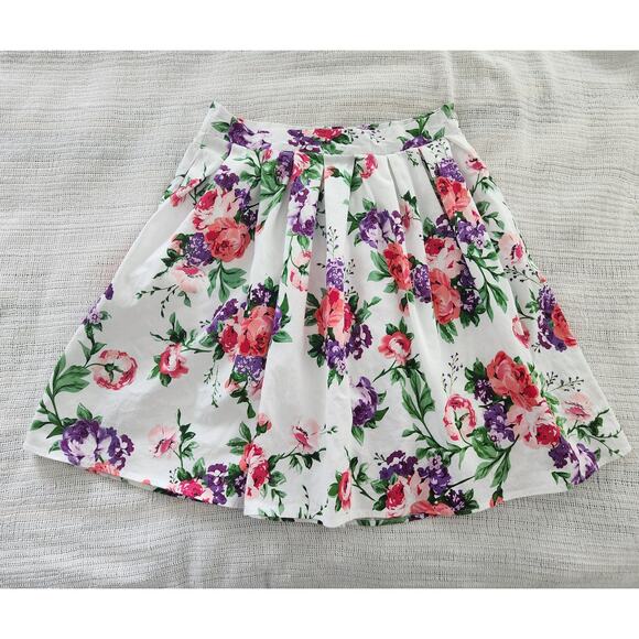 Vintage Style Retro White Floral Pleated A-Line Midi Skirt with Pockets, Size M - Picture 1 of 7